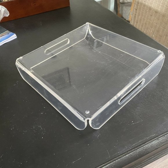 Vintage Acrylic Clear Serving Tray Square Handled Ottoman Style 12" - Picture 4 of 7